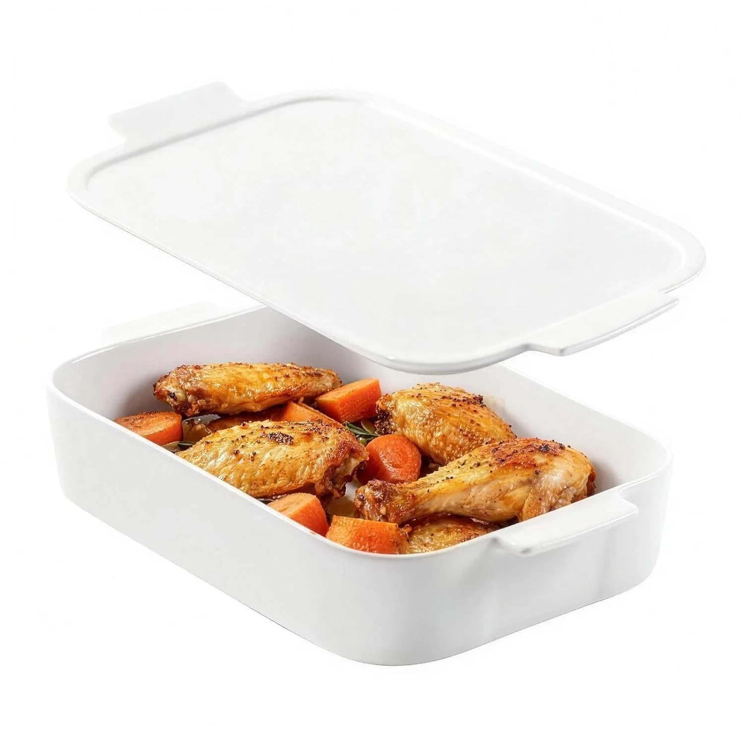 9x13 Ceramic Baking Dish with Lid, White Rectangular Oven Safe Casserole Pan