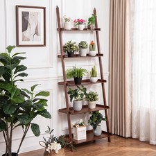 5-Tier Bamboo Ladder Shelf Wall-Leaning Bookshelf Display Bookcase Storage