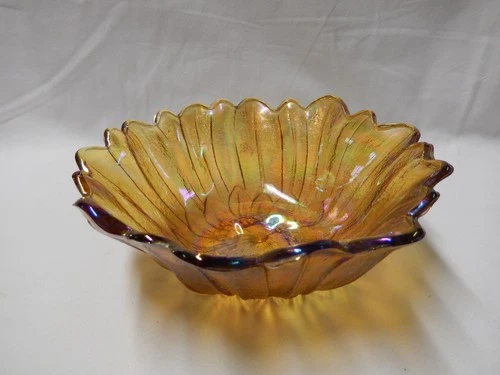 Vintage Indiana Carnival Glass Iridescent Amber Sunflower Bowl 7"