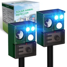 2 Pack Solar Ultrasonic Animal with USB Recharging, Motion Activated Dogs, Cats