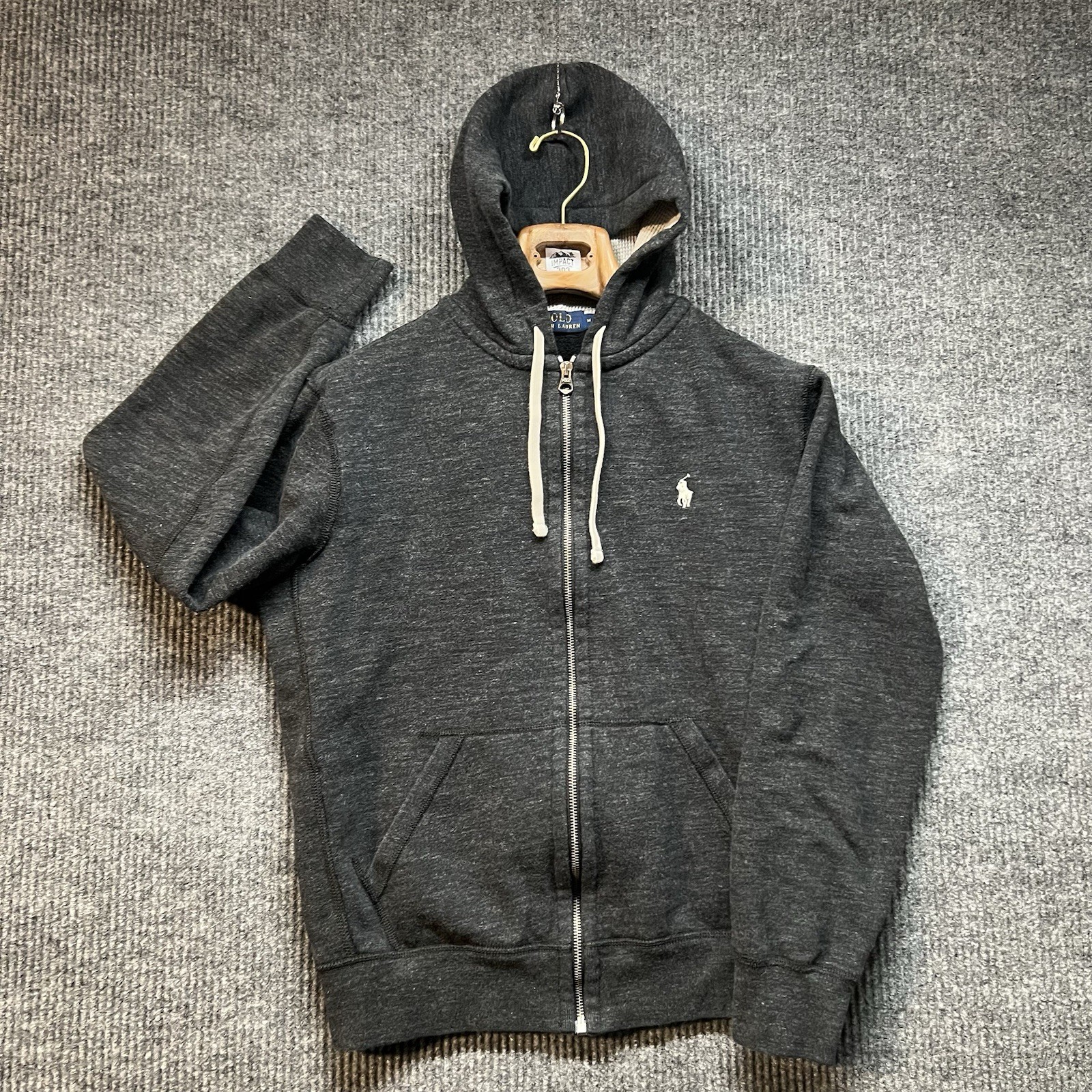 Polo Ralph Lauren Hoodie Mens Medium Gray Fleece Lined Full Zip Waffle Pony