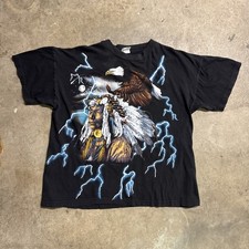 Vintage American Thunder Shirt Large Black 90s Eagle Native American Lightning