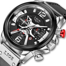 Mens Sport Chronograph Quartz Watch Black Dial Silicone Strap Wristwatch