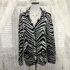 Chicos Sz 2 Large Silk Cotton Button Knit Cardigan Jacket Black White Zebra B22
