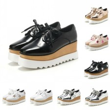 Hot Women's Platform Wedge Heels Lace Up Square Toe Casual Brogue Creepers Pumps