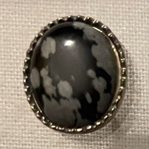 SNOWFLAKE OBSIDIAN CABOCHON TIE TACK OR PIN  - Silver Plated Setting