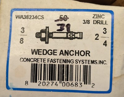  Concrete Fastening Systems Wedge Anchor, Zinc. 3/8'' x 2-3/4'' ( Lot of 31 )