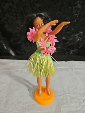 Vintage Hula Dancer Doll Hawaii Straw Skirt On Orange Plastic Stand 9.5"