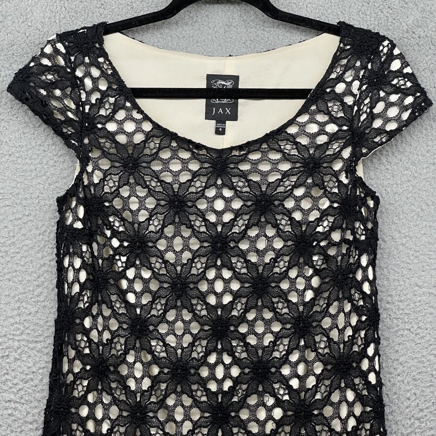JAX Womens Mini Dress Black Beige Lace Floral Short Cap Sleeve Scoop Neck Size 4 - Image 2 of 4