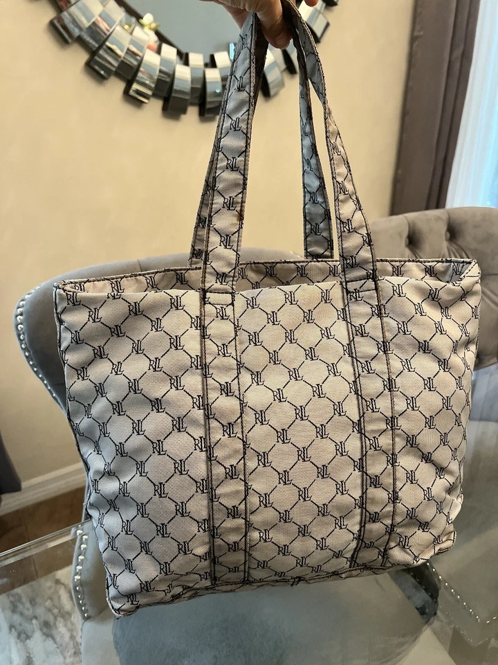 Bolso de Mano Ralph Lauren Bordado Monograma Estampado RL Abierto Doble Asas Foto 3 de 4
