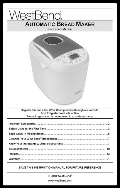 West Bend 47410 Bread Maker Instructions Manual & Recipes SPIRAL BOUND