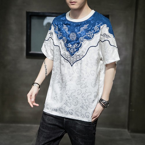 Mens Dragon Pattern Short Sleeve T-shirt Tops Tee Shirt Crew Neck Ethnic - Picture 12 of 14