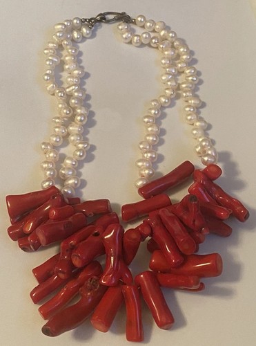 Baroque Pearl Large Red Branch Coral Double Strand Silver Statement Necklace - Picture 24 of 24