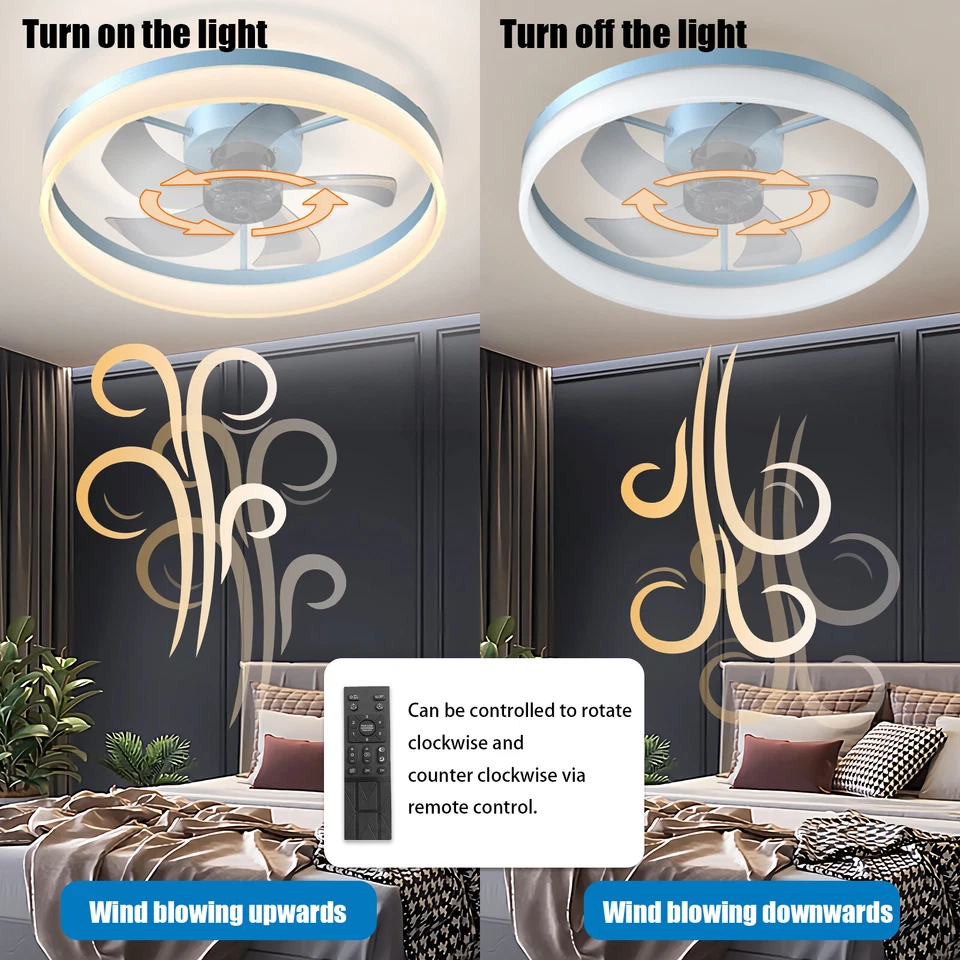 20 inch Ceiling Fan LED Light Modern Blue Flush Mount w APP / Remote Control Kit - Image 4 of 4