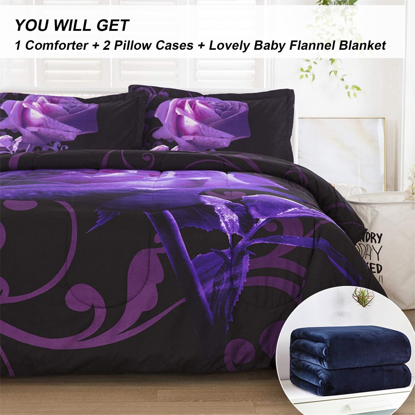 Purple Floral Comforter Set with Soft 