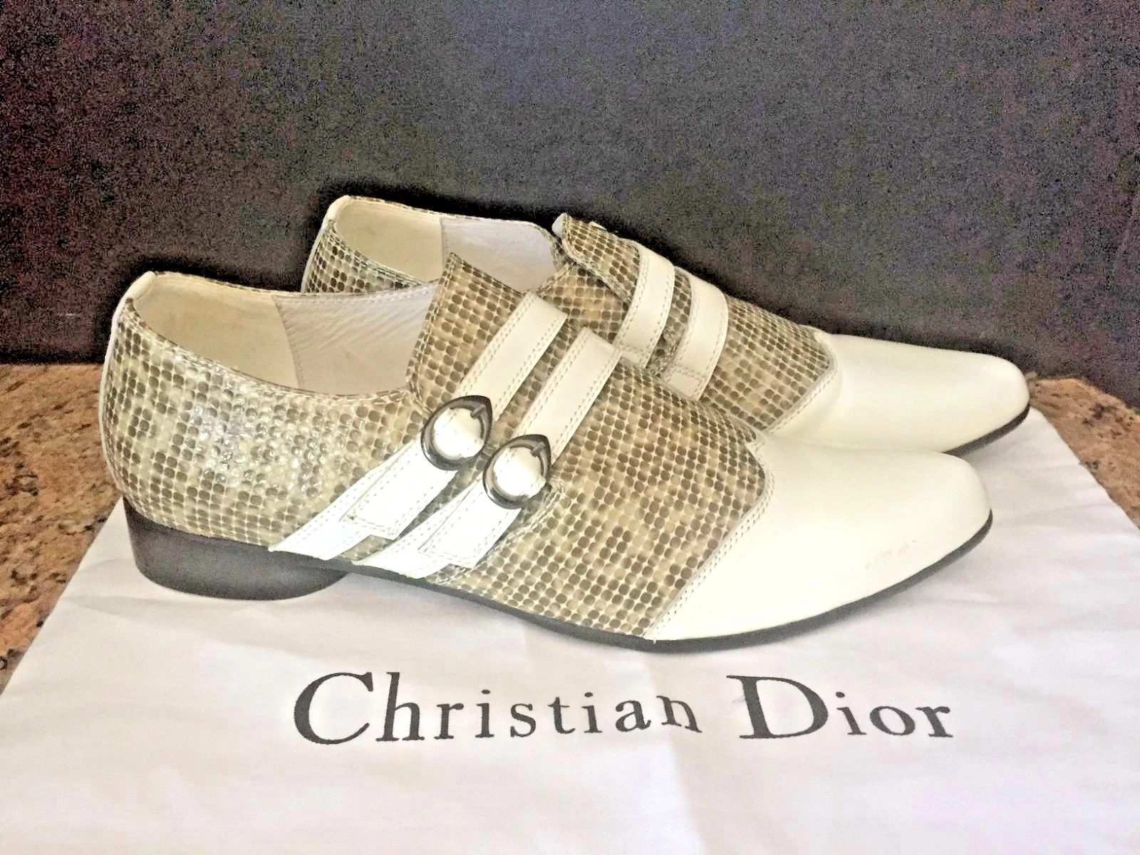 RARE HOMME CHRÉTIEN DIOR FAUX SERPENT BLANC/GRIS 2   BOUCLES MOCASSINS POINTUS 11M