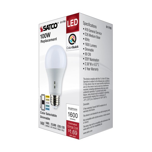 Satco S11793 LED 14W =100W 120V A19 Dimmable CCT Selectable Medium E26 White - Picture 8 of 10