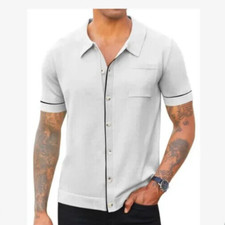 NEW Mens Knit Short Sleeve Shirts Casual Button Down Polo Shirt MEDIUM