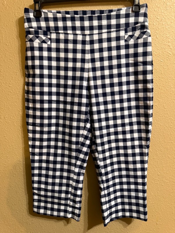 KIM ROGERS CAPRI PANTS 14 PETITE BLACK WHITE CHECK STRETCH TAPERED LEG PULL ON