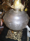 Antique Victorian frosted glass bowl oil lamp with ornate brass base — photo 3