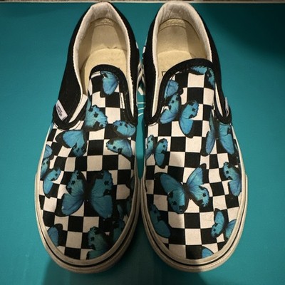 VANS Slip-On Men's Low Top Sneakers Black White Checkerboard Blue Butterfly
