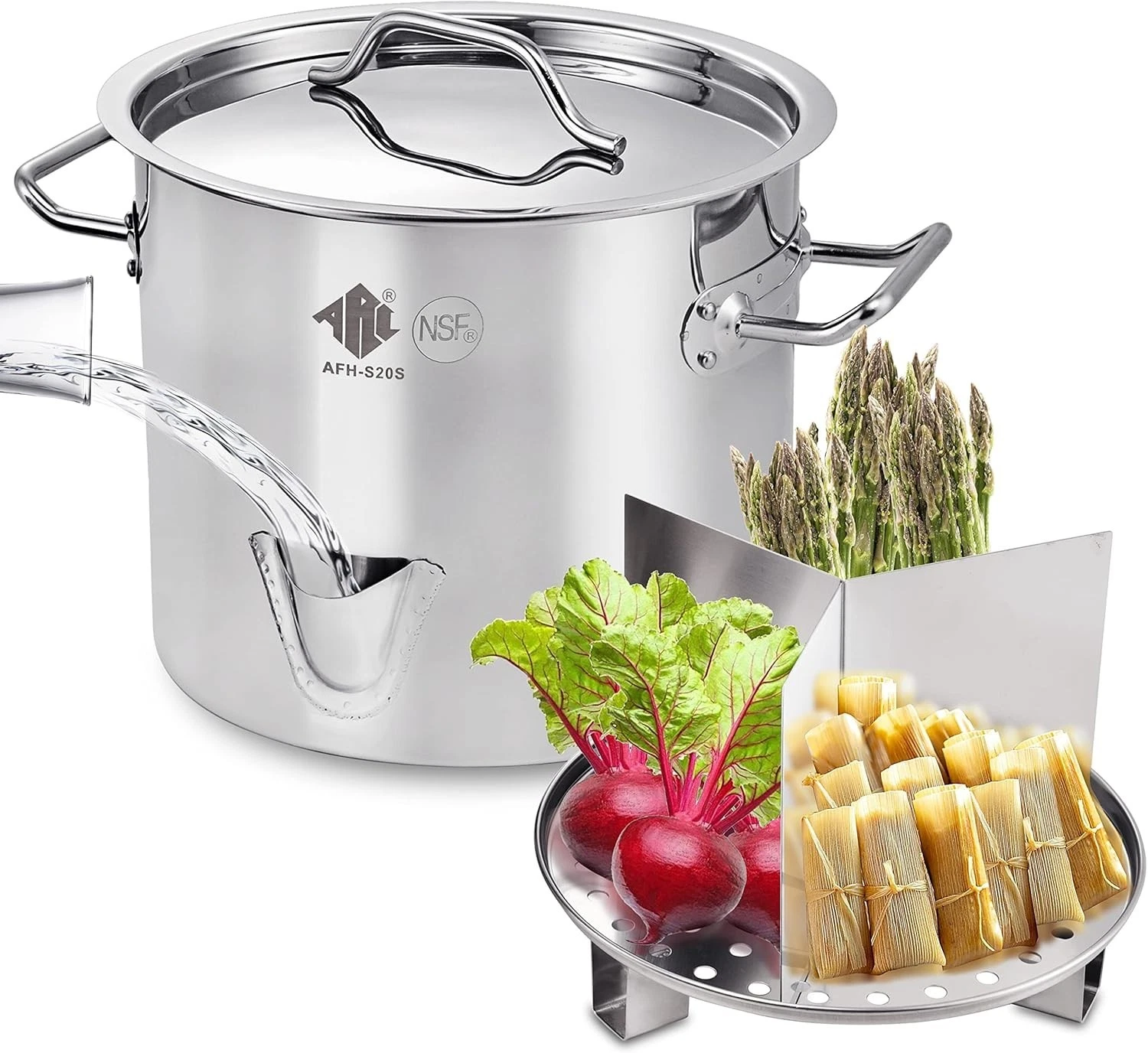 20QT Stainless Steel Tamale Steamer Pot with Easy-fill Water Spout, Seafood Cra