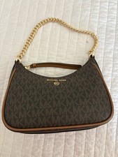 Michael Kors Logo Crescent Shoulder Bag Brown Gold Chain Strap Zip Closure