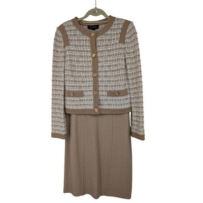 St John Santana Knit Dress Jacket Set Tan Cream Plaid Cardigan Sz 8 Dress Sz 12