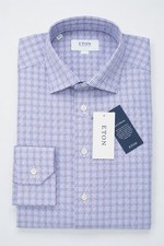Men Eton Shirt Check Fine Twill Single Convertible Cuff Slim Fit Size 39 15.5