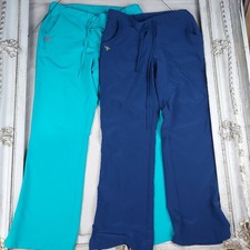 2 Med Couture Gold Scrub Pants Women Large Blue Teal Drawstring Stretch 