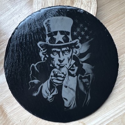 Black Slate 8'' Round Serving Tray With Uncle Sam 