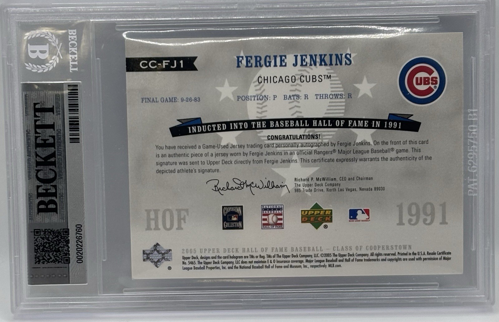 2005 Upper Deck HOF Fergie Jenkins Auto Autograph Jersey Patch BGS 7 TRUE 1/1 view 2