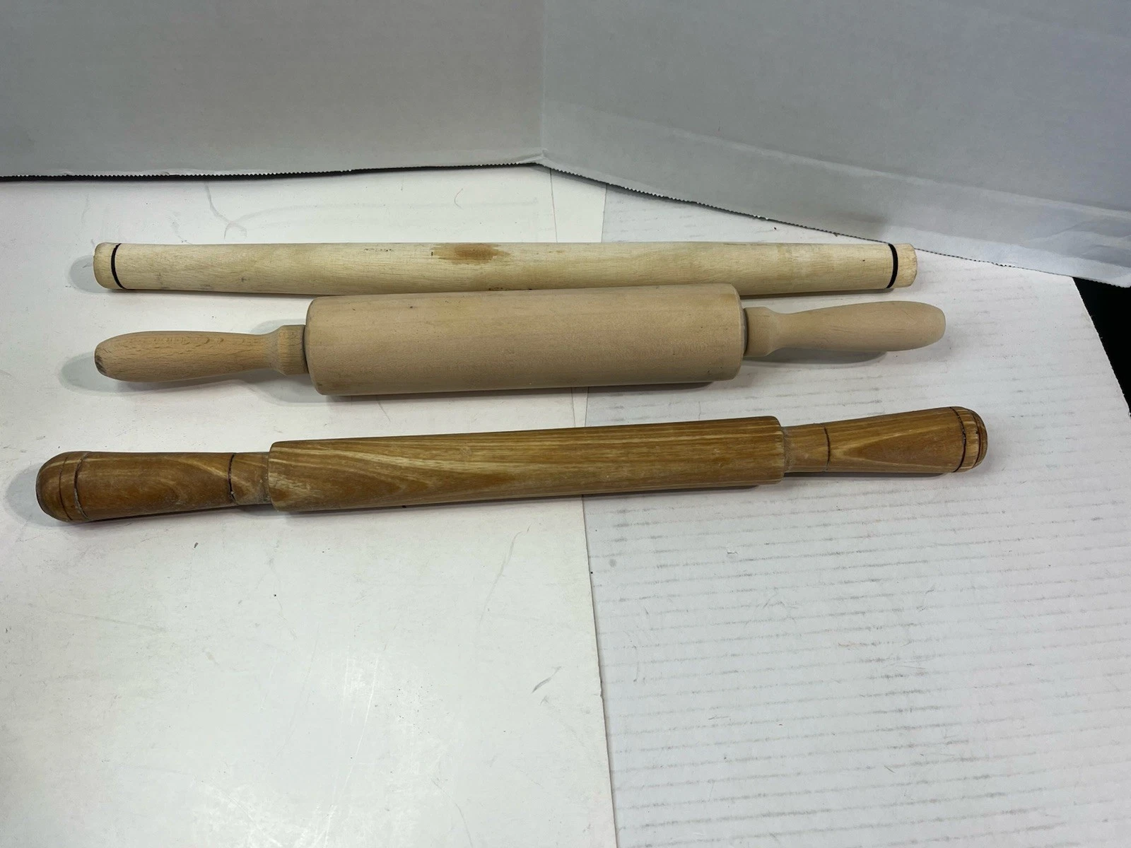 3 Vintage Wood Rolling Pin 2 w/Handles Country Baking FF B