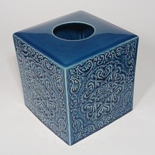 Ceramic Tissue Box Cover Blue Square Glazed Textured Vintage