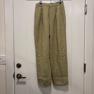 Herman Geist Vintage 100% Linen High Waisted Pleated Straight Leg Pants Green 8P