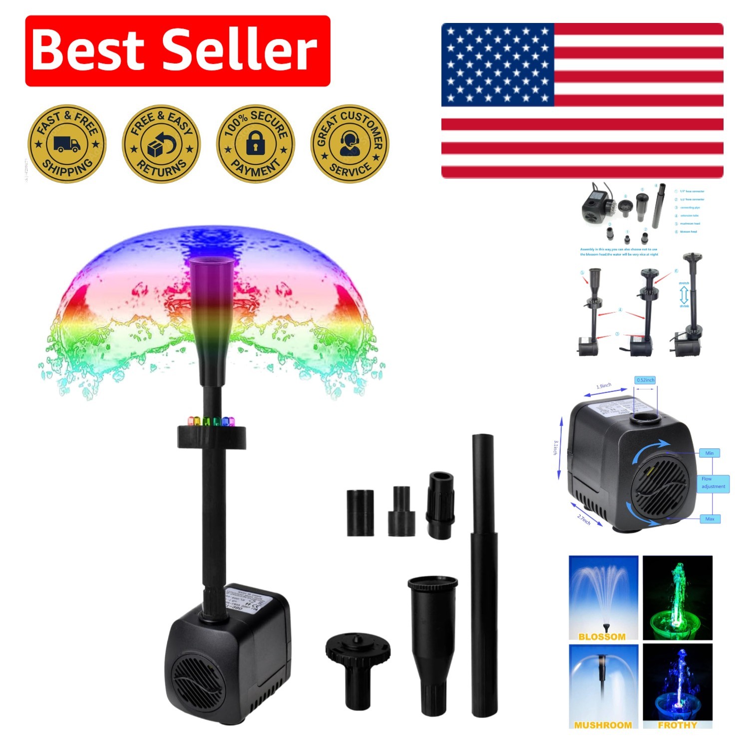 Bomba de agua ajustable con anillo LED colorido para impresionantes características de jardín y piscina