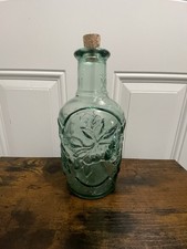Vintage Sea Green Glass Decanter Bottle Cork Stopper Floral Fruit Pattern