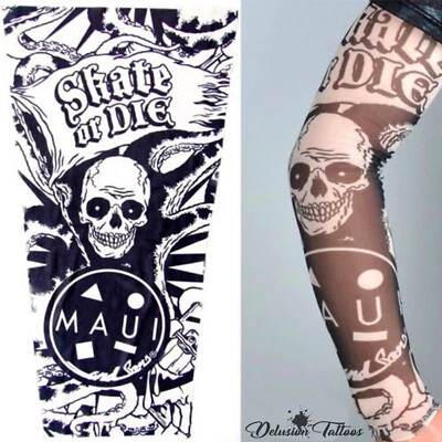 DELUSION TATTOOS Temporary Tattoo Sleeve Fake Nylon Arm Warmer Skull Mens Women's Kids Skate