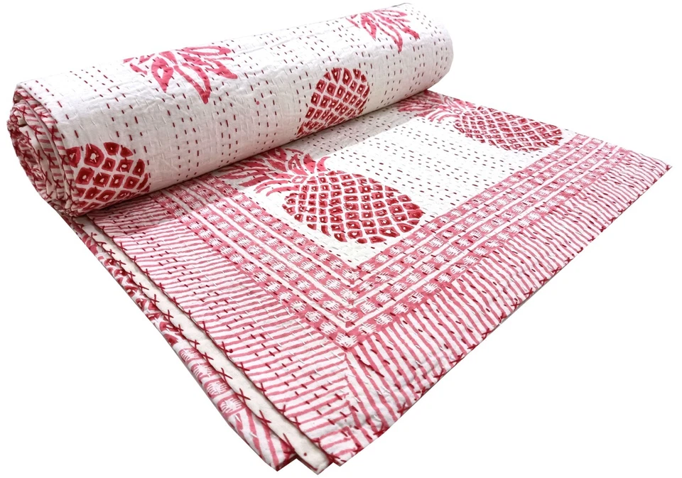 Floral Hand Block Printed Kantha Throw, Indian Soft Cotton Kantha bed/Sofa Quilt - Image 4 of 4