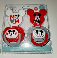 4 PACK DISNEY BABY MICKEY MOUSE ORTHODONTIC PACIFIER  HOLDER SET. RED GREY 0M 