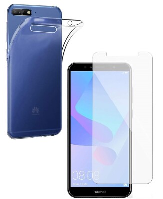 For HUAWEI Y6 2018 TEMPERED GLASS SCREEN PROTECTOR + CLEAR SILICONE CASE COVER