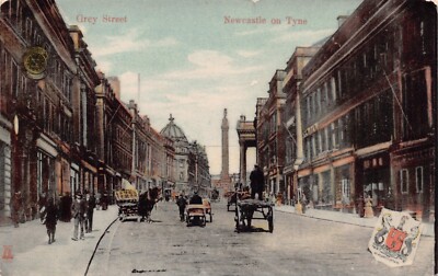 POSTKARTE - NEWCASTLE UPON TYNE - GREY STREET - POSTED 1907 - HORSES - SHOPS