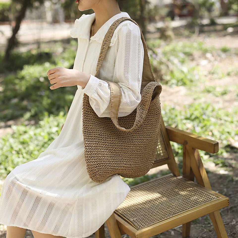 Wavlynn Beige Straw Woven Shoulder Bag Large Capacity - Spacious Interior With Zippered Pockets main image 1