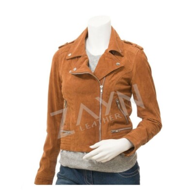 Damen Hellbraun Original Wildleder Leder Biker Jacke Slim Fit Motorradjacke