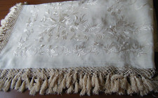Antique China piano shawl h embroidery cream pure silk large macrame tassels