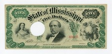 1870 Cr.50 $5 The State of Mississippi - Jackson, MISSISSIPPI Note AU