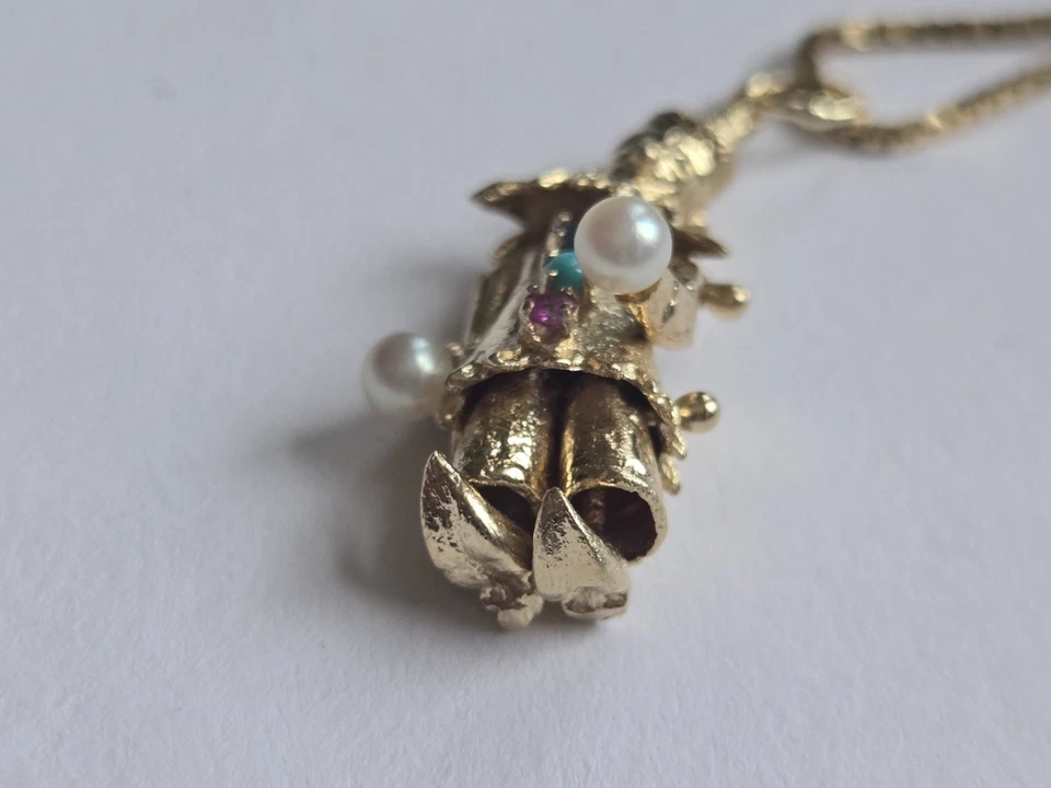 14K Solid Gold Pearl Ruby Sapphire Clown Pendant Box Chain Necklace-11 Grams - Image 4 of 4