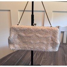 Beaded Purse Ivory Vintage Rhinestone Kiss Lock Gold Chain Formal Clutch Bag