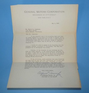 1952 General Motors Letter Signed Alfred P Sloan Jr Chairman of Board NY