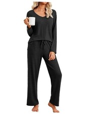 Pajamas for Women Set Long Sleeve 2 Piece Lounge Sets V Neck Medium Black